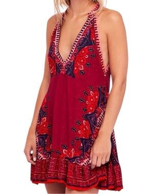 Free People Red and Navy Floral Halter Mini Dress